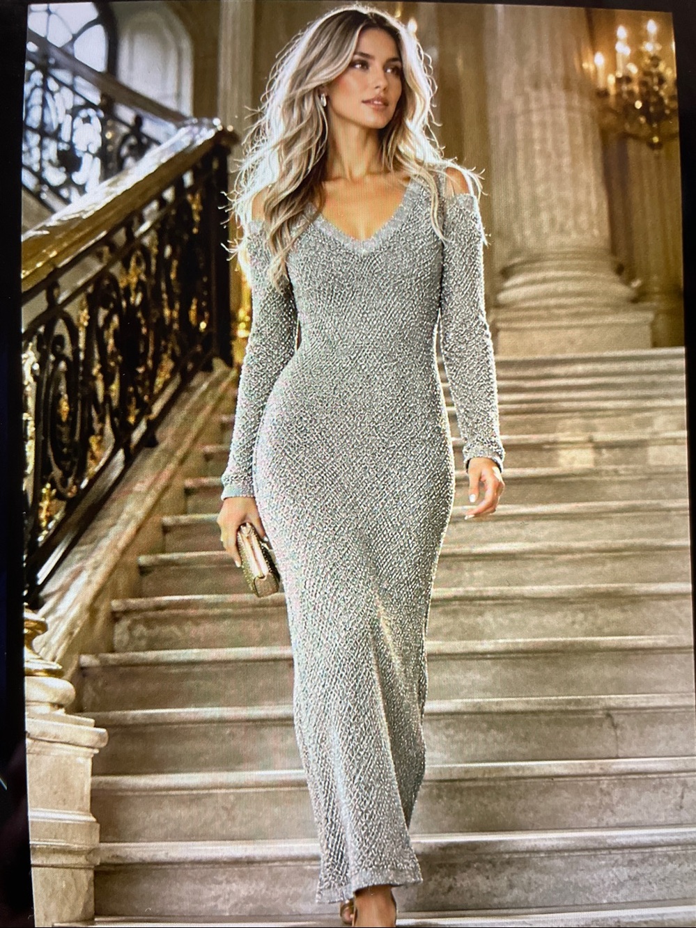 WOW COUTURE. Honeycomb Stich Knit Cold-Shoulder Long Sleeve Gown. NWOT